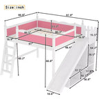 Letto a soppalco matrimoniale con spondina, mensole e armadietto, struttura letto a soppalco in legno massello per bambini con scivolo e scalette rimovibili, rosa+bianco chiaro