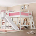 Letto a soppalco matrimoniale con spondina, mensole e armadietto, struttura letto a soppalco in legno massello per bambini con scivolo e scalette rimovibili, rosa+bianco chiaro