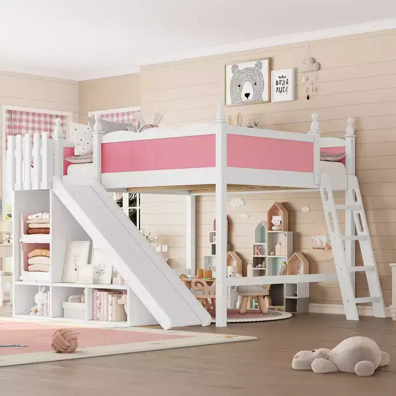 Letto a soppalco matrimoniale con spondina, mensole e armadietto, struttura letto a soppalco in legno massello per bambini con scivolo e scalette rimovibili, rosa+bianco chiaro
