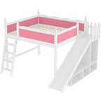 Letto a soppalco matrimoniale con spondina, mensole e armadietto, struttura letto a soppalco in legno massello per bambini con scivolo e scalette rimovibili, rosa+bianco chiaro