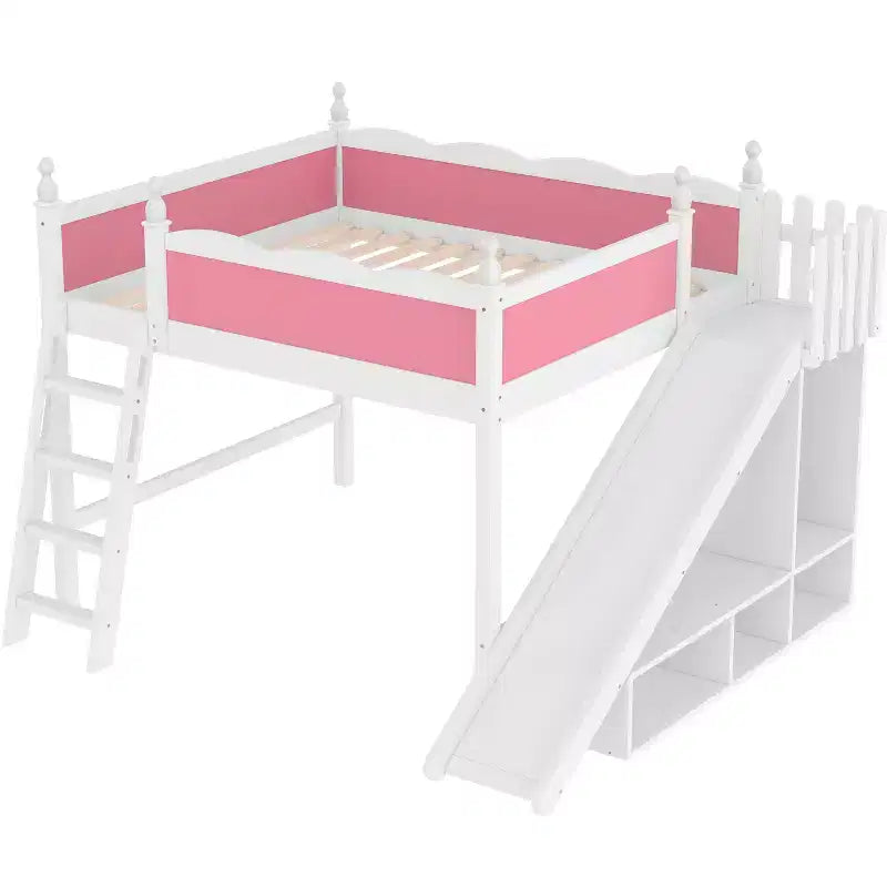 Letto a soppalco matrimoniale con spondina, mensole e armadietto, struttura letto a soppalco in legno massello per bambini con scivolo e scalette rimovibili, rosa+bianco chiaro