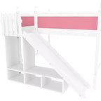 Letto a soppalco matrimoniale con spondina, mensole e armadietto, struttura letto a soppalco in legno massello per bambini con scivolo e scalette rimovibili, rosa+bianco chiaro