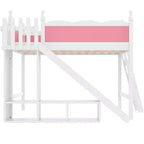 Letto a soppalco matrimoniale con spondina, mensole e armadietto, struttura letto a soppalco in legno massello per bambini con scivolo e scalette rimovibili, rosa+bianco chiaro