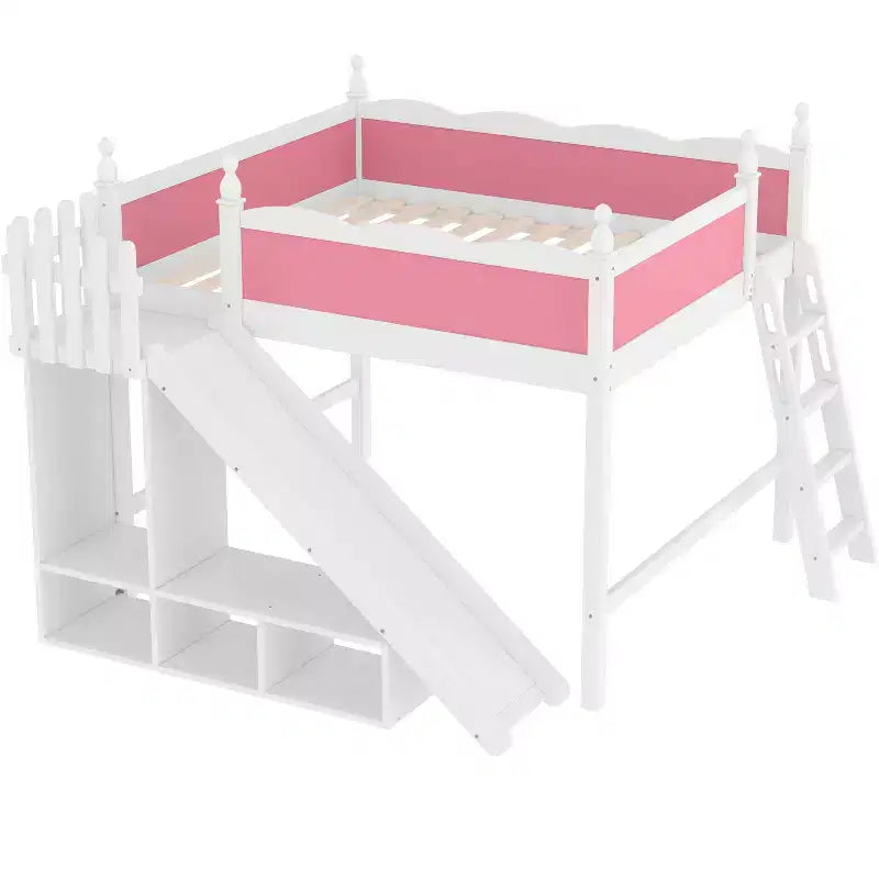 Letto a soppalco matrimoniale con spondina, mensole e armadietto, struttura letto a soppalco in legno massello per bambini con scivolo e scalette rimovibili, rosa+bianco chiaro